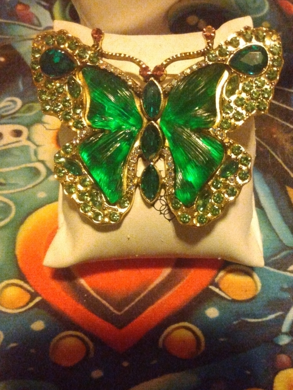 Green Butterfly Crystal Brooch - Gold Tone